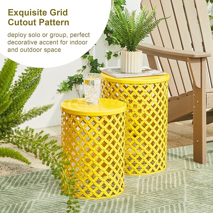 Glitzhome Outdoor Side Table Set of 2, Decorative Garden Stool for Indoor Outdoor Heavy Duty Metal Frame Accent Table Modern End Table, Yellow