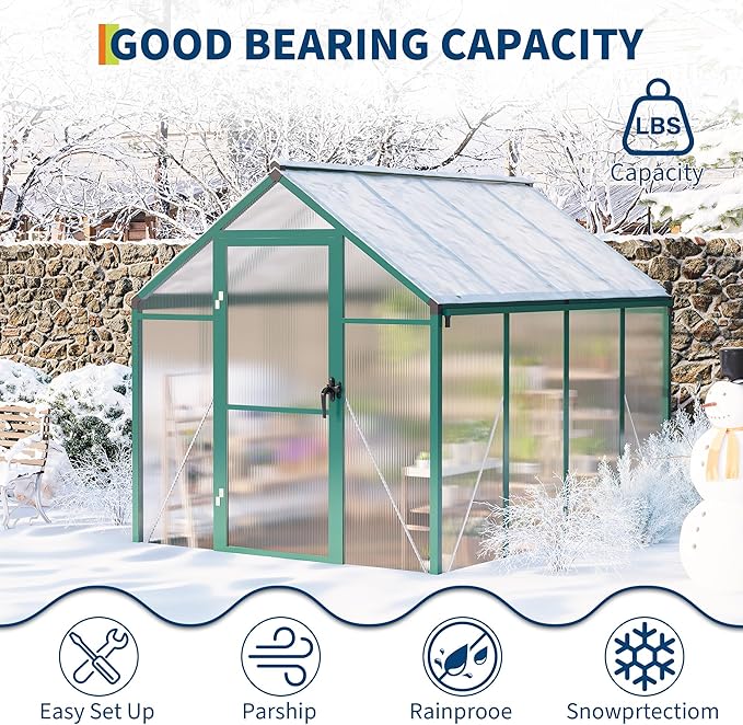 6x8 FT Greenhouse, Easy Assembly Aluminum Polycarbonate Greenhouses for Outdoors with Roof Vent and Ground Nails, Heavy Duty Aluminum Walk-in Greenhouse for Backyard, Sliding Lockable Door, Green