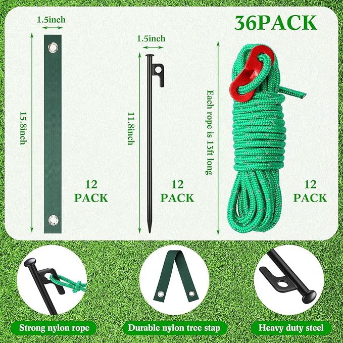 Sintuff 36 Pcs Heavy Duty Tree Stake Kits Stake and Support for Young Leaning Tree Anchor Straightening Kit, 15.8'' Support Straps, 11.8'' Steel Stakes, 13.12ft Rope(Green)