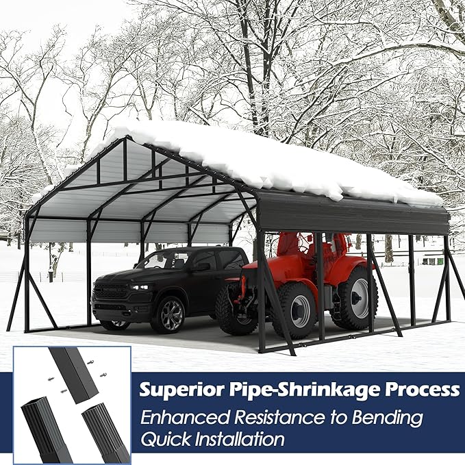 Xilingol Metal Carport, Heavy Duty Carport Canopy with Galvanized Steel Frame and Roof, Outdoor Storage Shed, Car Tent Garage Shelter for Pickup, Truck, Boat and Tractor, Grey (20x20 FT Black)