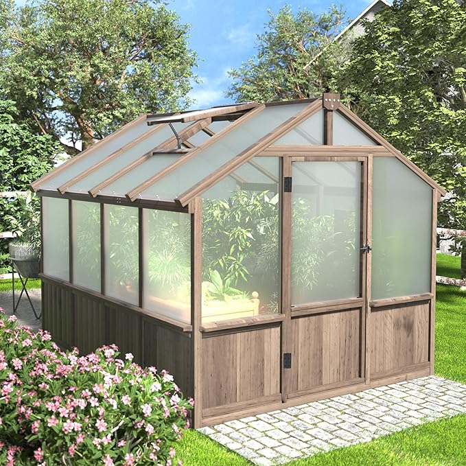 BlueWish 8x8 FT Greenhouses for Outdoors, Cedar Green House with 6MM Polycarbonate Panel, Greenhouse Kit with Adjustable Vent & Lockable Door, Walk-in Greenhouse for Outside, Garden, Backyard