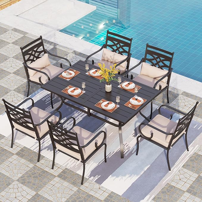PHI VILLA 7 Pcs Patio Dining Set,Outdoor Table Chair Set for 6 with Outdoor Chairs and Metal Frame Steel Rectangular Table,Outdoor Dining Furniture with Cushion and Pillow for Garden Lawn Deck