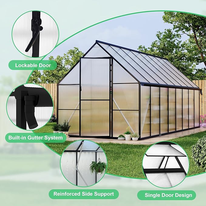 8'x16' Aluminum-Framed Polycarbonate Greenhouse, Heavy Duty Polycarbonate Greenhouse with Quick Setup Structure and Roof Vent, Large Enhanced Aluminum GreenhouseKit for Outdoors