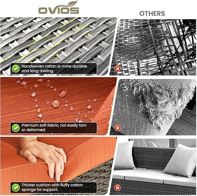 ovios 6 Pieces Patio Furniture Set, Outdoor Wicker Sofa Couch with Swivel Chairs Ottomans Comfy Cushions, All Weather High Back Modern Conversation Sets, Brown Rattan, Orange Red