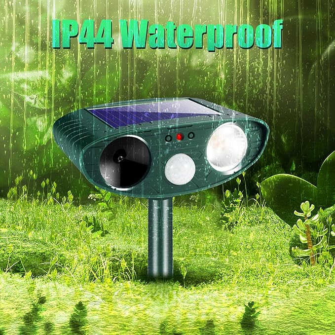 Solar Ultrasonic Animal Repellent Outdoor, Deer Repellent Devices for Yard Garden with Motion Sensor & Flashing Light, Waterproof Animal Deterrent for Cat Dog Squirrel Raccoon Rabbit Skunk Coyote Farm