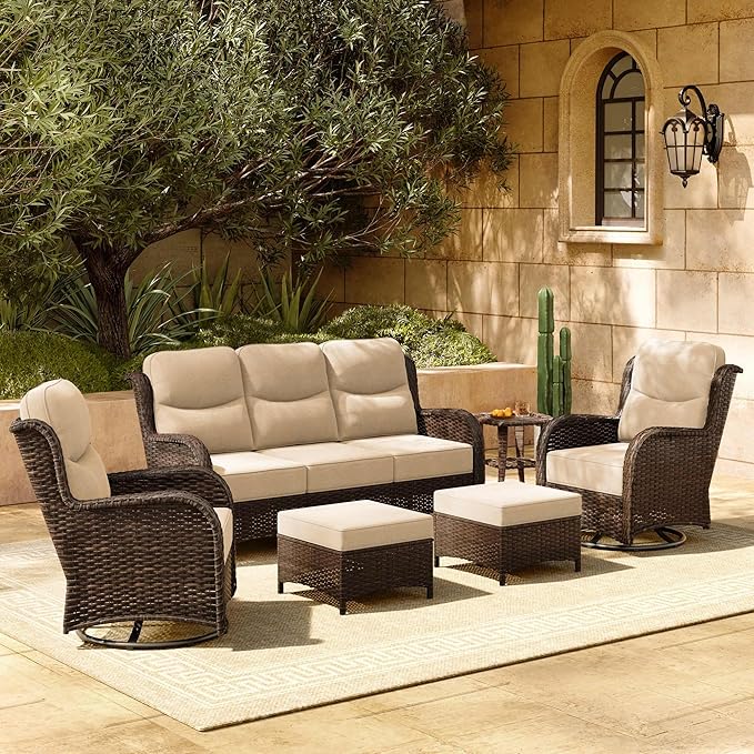 HILLGA Luxury Patio Furniture Set with 6-inch Thick Cushion, Outdoor Couch and High Back Swivel Rocker Patio Chairs, 6PCS Wicker Conversation Set for Deck Yard and Poolside, Beige (V2)