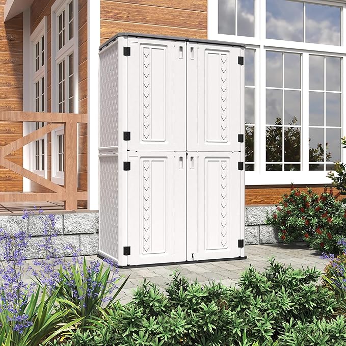 HOMSPARK Storage Shed Weather Resistance, Multi-Purpose Outdoor Storage Cabinet Waterproof, Outdoor Storage Cabinet for Garbage Cans, Lawnmower, Garden Accessories (Off White, Tall shed-53 cu ft)