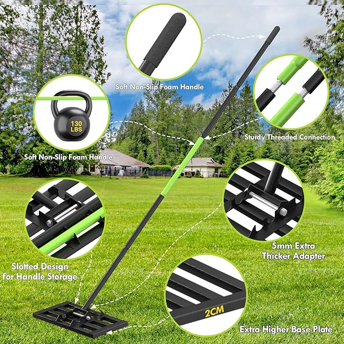 Seeutek Lawn Leveling Rake, 17” x 10” Lawn Leveler with 6.5FT Durable Handle Rakes for Lawns, 0-180° Adjustable Ground Leveler Tool for Yard, Level Soil Sand Dirt Surfaces