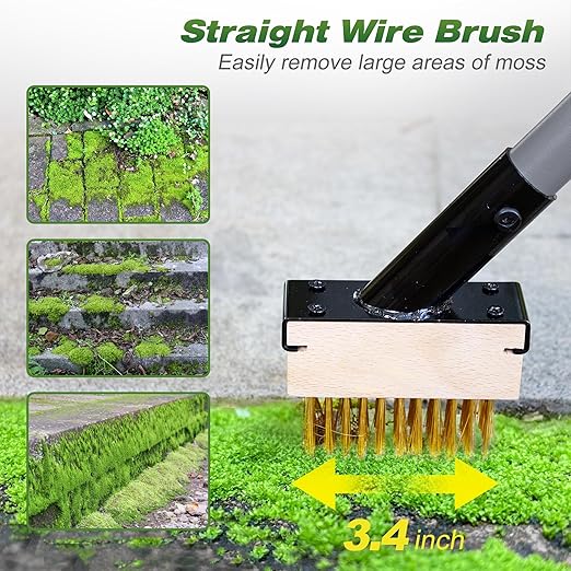 Walensee 3-in-1 Crack Weeder & Moss Remover Brush with 66.5-Inch Adjustable Handle, Weed Puller with 2 Replaceable Brush Heads and Scraper for Deck, Patio, Walkway, Driveway Crevice Cleaning Tool
