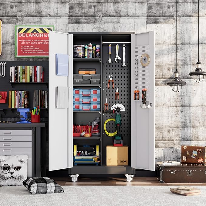 71" H Broom Closet Storage Cabinet with Wheels and Pegboard,Metal Garage Storage Cabinet with Lockable and Magnetic Doors,Adjustable Shelves for Garage Home Office,Required Assembly,Black and White