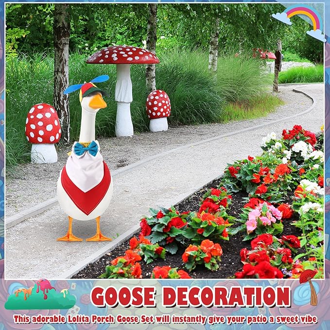 Geyoga 2 Pcs Halloween Porch Goose Outfit Rainbow Helicopter Baseball Cap with Colorful Bandana for 23" Lawn Cement Porch Goose Clothes Halloween Garden Patio Yard Outdoor Decorations
