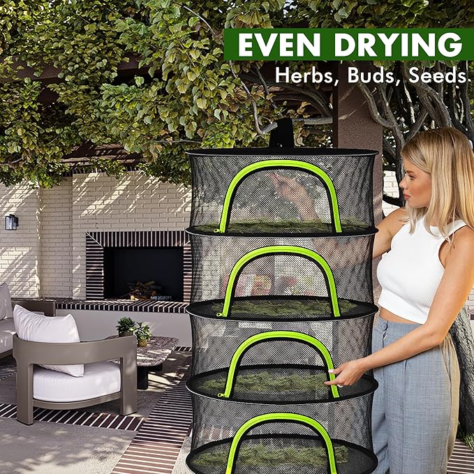 Herb Drying Rack Hanging Mesh 8 Layer 24" with Zipper, Garden Pruning Shear, Hook & Carabiner Clip for Drying Herbs, Plants, Seeds, Buds | Hydroponics & Grow Tents Herb Dryer Hanging Rack