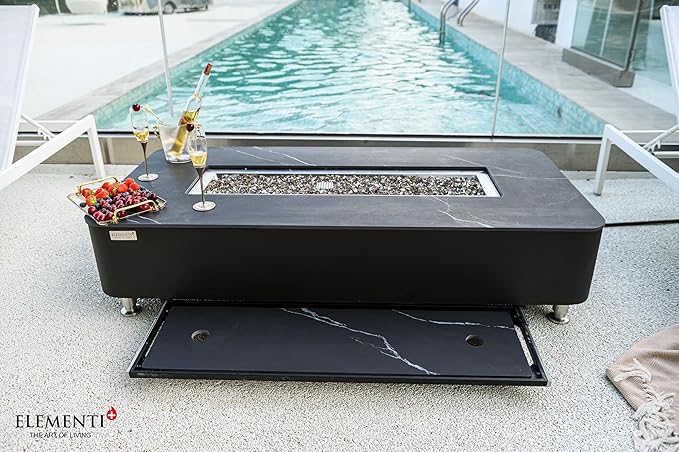 Elementi+ | Bundle Valencia Gas Fire Pit | Concrete Body & Marble Porcelain Top | 62" Rectangular Fire Table | Electronic Ignition | Canvas Cover, Fire Glass, Burner Lid & More | Black | Propane Gas