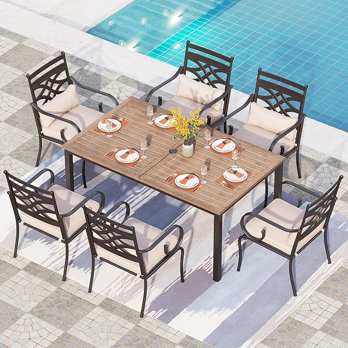 PHI VILLA 7 Pcs Patio Dining Set,Outdoor Table Chair Set for 6 with Outdoor Chairs and Metal Frame Steel Rectangular Table,Outdoor Dining Furniture with Cushion and Pillow for Garden Lawn Deck