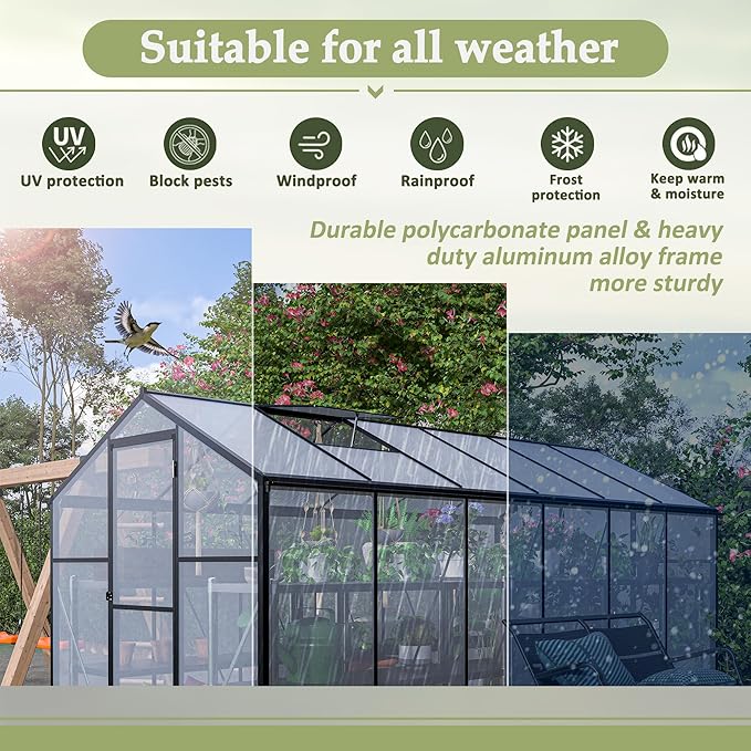 6x12 FT Greenhouses for Outdoors,Heavy Duty Polycarbonate Greenhouse,Lockable Walk-in Green House Sunroom w/ Roof Vent,Aluminum Hot House for Garden Plants Backyard Patio,Black