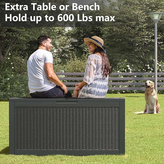 100 Gallon Resin Outdoor Storage Box,Waterproof Deck Box Lockable for Patio Furniture Cushions, Garden Tools, Heavy-Duty Double-Wall Structure with Gas Lift and Reinforced Seat Lid, Black