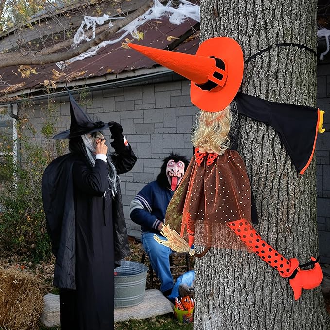 53" Crashing Witch Halloween Decoration – Funny Orange Flying Witch Hanging Prop for Yard, Tree, Porch, Patio, and Fall Outdoor Decor