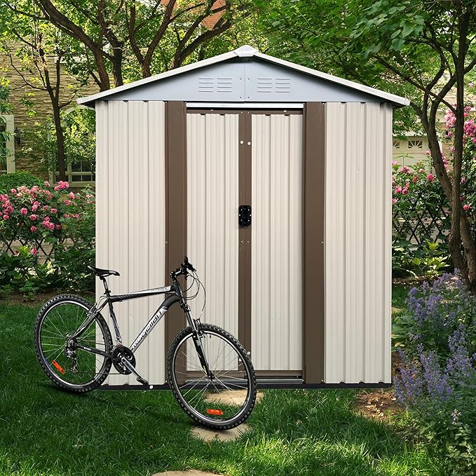 Ball & Cast 5x3 FT Outdoor Storage Shed, Metal Sheds with Punched Vents and Sliding Door, Waterproof Garden Tool Shed with Aluminum Frames and Sloped Roof for Backyard Patio,Cream White