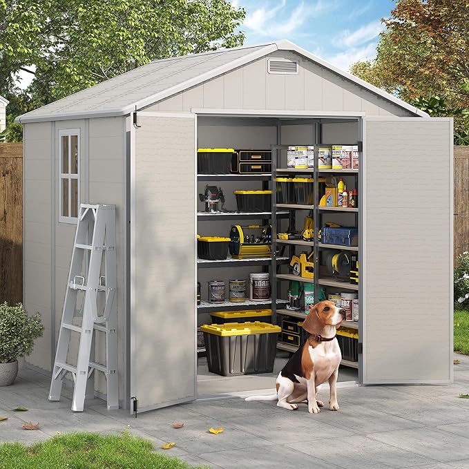Outdoor Storage Shed, 8x6 FT Resin Shed with Floor and Vents, Window & Lockable Door, Tool Sheds & Outdoor Storage for Bike, Tools, Garden Accessories, Waterproof (Sandstone)