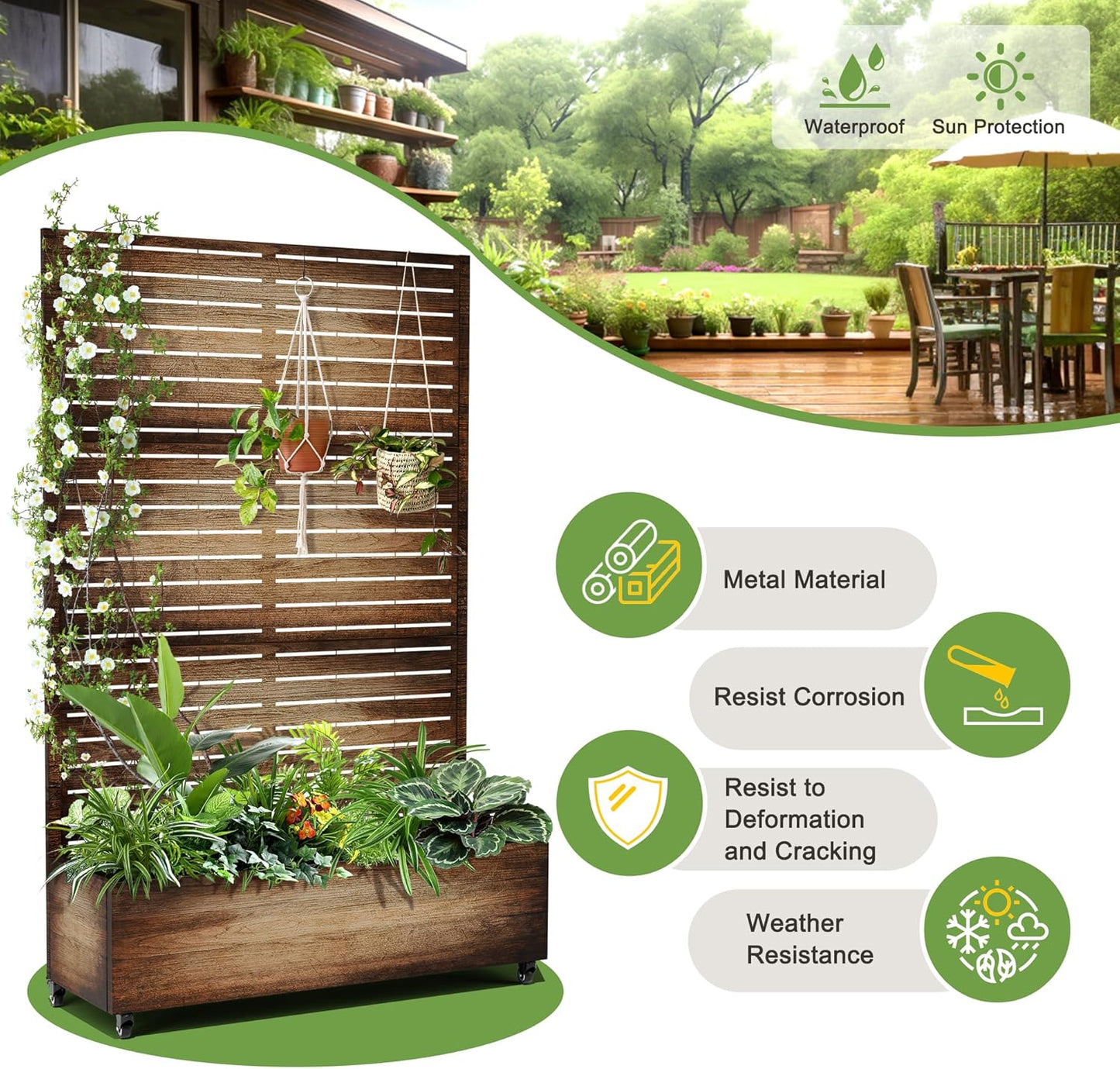 FENCY Metal Raised Garden Bed with Wheels and Trellis,73"x47"x16" Planter Box for Climbing Plants, Vegetables & Vines, Features Privacy Screen and Drainage Holes (Vintage Wood Color)