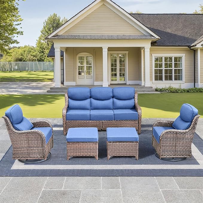 Luxury High Back Outdoor Furniture with 6-Inch Thick Cushions, Patio Furniture Set with Swivel Chairs, 5 PCS Wicker Conversation Set for Porch, Balcony, Deck and Yard