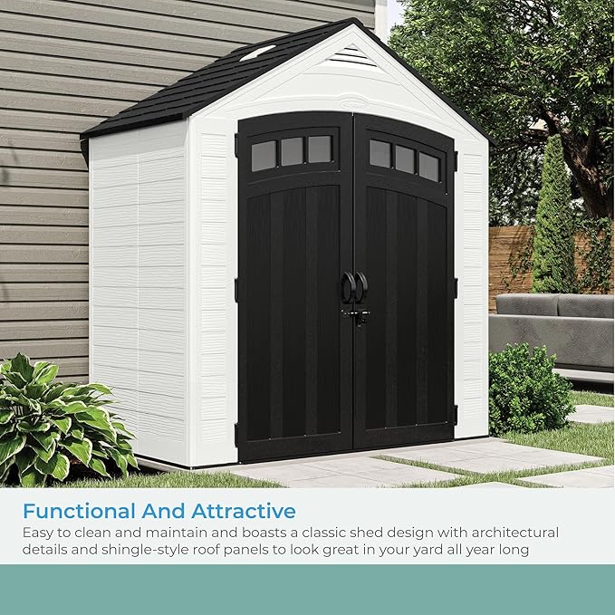 Suncast Vista 7' x 4' Outdoor Storage Shed with Pad-Lockable Double Doors and IllumiVent System, All-Weather Shed for Yard Storage, Brown, Made in The USA