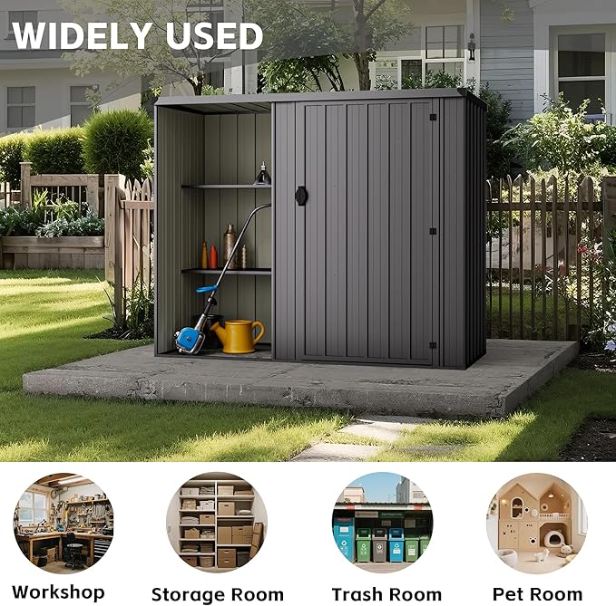 6×3 FT Metal Outdoor Storage Shed with Shelves, Lockable Waterproof Garden Tool Shed, Robust Backyard Patio Shed with Sloped Roof for Lawn Mower, Dark Gray (No Floor)