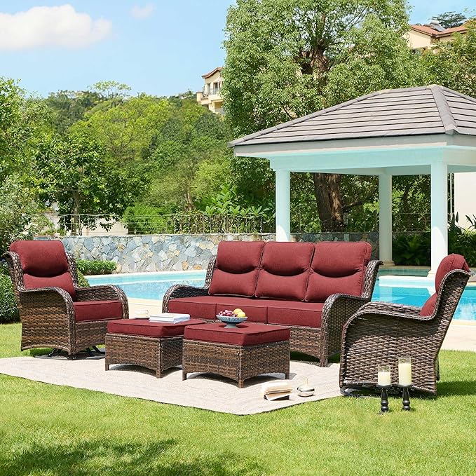 HILLGA Luxury High Back Patio Furniture Set with 6-Inch Thick Cushion, 5-Piece Outdoor Conversation Set with Sofa, Swivel Rocker Chairs & Ottomans, Ideal for Porch Pool Deck Yard (Burgundy)