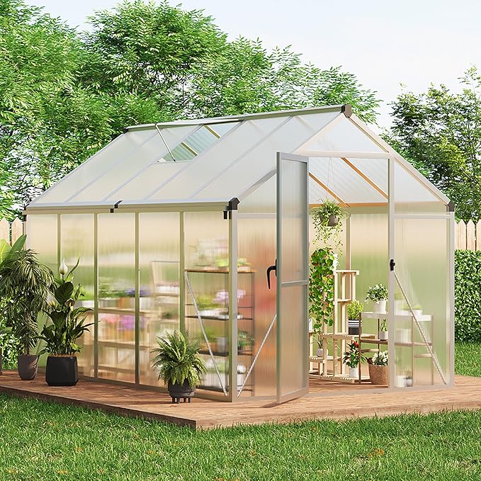 6x10 FT Greenhouse, Easy Assembly Aluminum Polycarbonate Greenhouses for Outdoors with Roof Vent and Ground Nails, Heavy Duty Aluminum Walk-in Greenhouse for Backyard, Sliding Lockable Door, Silver