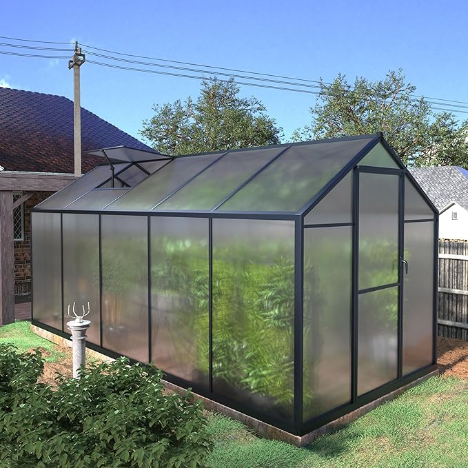 BlueWish 6x10FT Greenhouses for Outdoors, Aluminum Greenhouse with Adjustable Vents, Rivet Structure, Walk-in Green House with Polycarbonate, Heavy Duty Greenhouse Kit for Garden, Gray