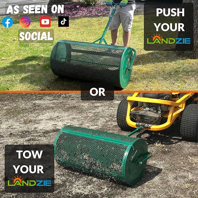 LANDZIE Lawn & Garden Spreaders - 36 Inch Heavy Duty Metal Mesh Basket Push/Tow Spreader - Compost, Peat Moss, Top Soil, Mulch - Durable Lightweight Multi-Purpose Yard Care Equipment - Manure Spreader