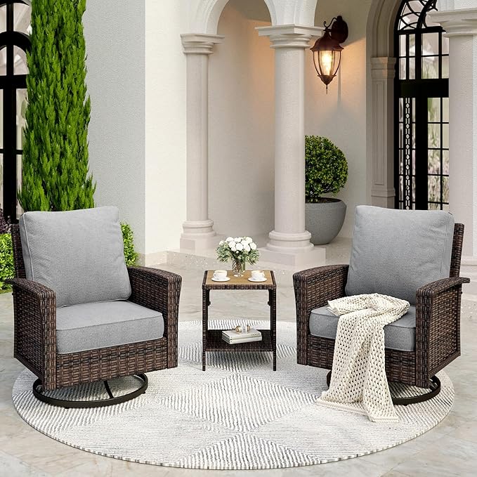 3 Piece Patio Furniture Set, Rattan Wicker Swivel Chairs Set of 2 with Side Table, 35" High Back Outdoor Conversation Set with Thick Cushions for Bistro Porch Poolside, Grey