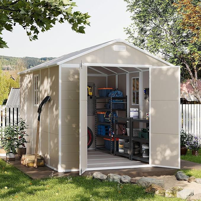 UDPATIO Outdoor Storage Shed 8 x 10 FT, Resin Garden Sheds with Floor Plastic Patio Outdoor Storage with Lockable Door for Tool, Bike, Garbage Sandstone