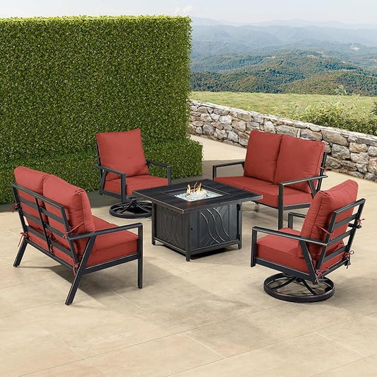 Oakland Living Black Aluminum Patio Fire Table Set with Two Deep Seating Loveseat with Cushions and Two Club Chairs with Red Cushions