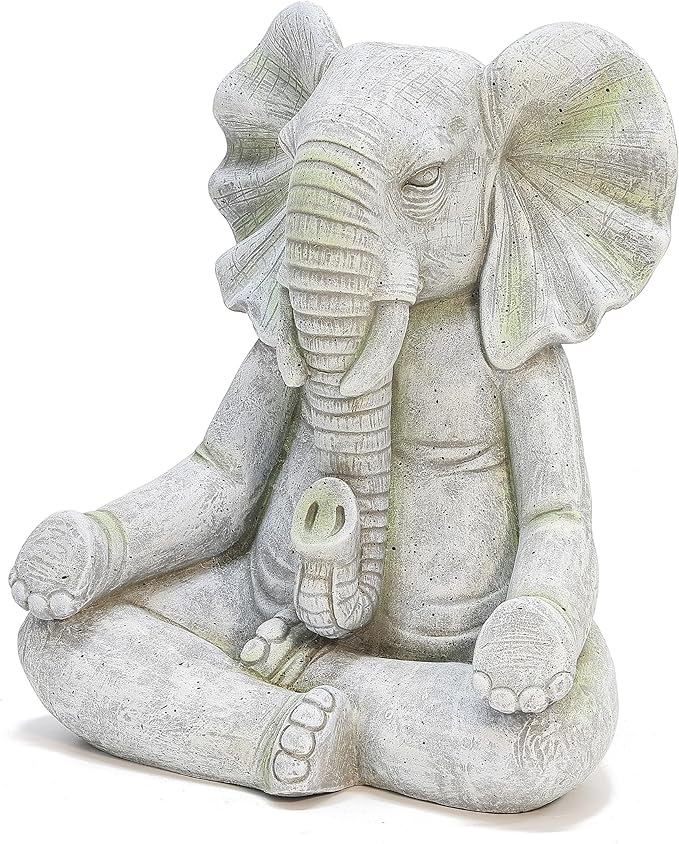 LuxenHome Elephant Garden Statue,16.34'' Gray MgO Meditating Elephant Statue Unique Lucky Elephant Decor Zen Sculptures for Garden Patio Home & Office Decor Housewarming Gift