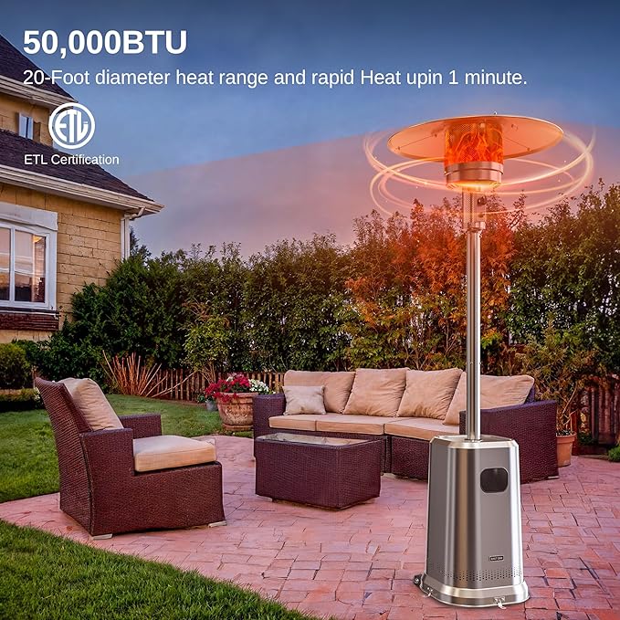 EAST OAK Anti-rust 50,000 BTU Patio Heater for Outdoor Use With Double-Layer Stainless Steel Burner, Table Design and Wheels, Propane Patio Heater for Home and Commercial, Stainless Steel