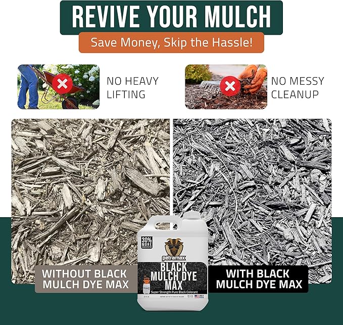 Petra Black Mulch Dye Spray Use with PetraTools Sprayer to Refresh Fading Landscape - Black Dye to Wood Mulch for Landscaping - Rubber, Pine Straw, Bark, Cedar & Playground Cover (3,600 Sq Ft, 32 Oz)