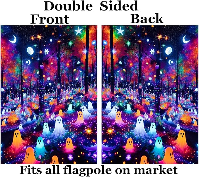 Fantasy Forest Colorful Ghosts Halloween Moon and Stars House Flag 28" x 40" Double Sided Polyester Welcome Large Yard Garden Flag Banners for Patio Lawn Home Outdoor Decor