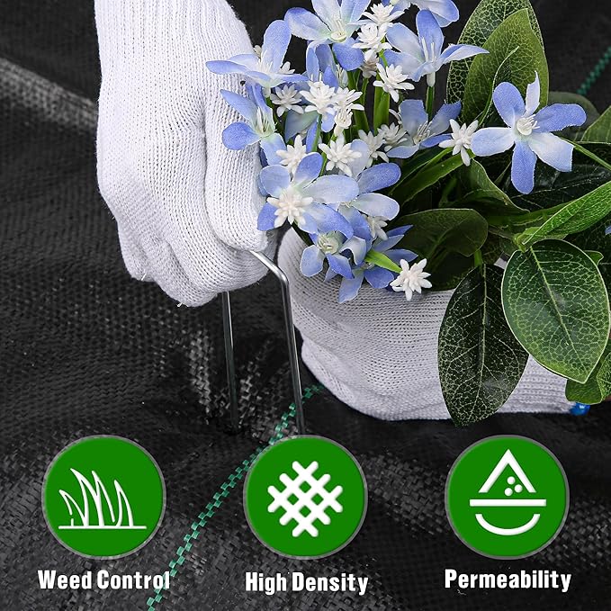 3FT x 50FT Weed Barrier Landscape Fabric Heavy Duty, 3.2oz Premium Gardening Weed Control Mat with 20 U-Shaped Securing Pegs, Ground Cover for Garden Beds, Farming, Underlayment, Commercial Driveway