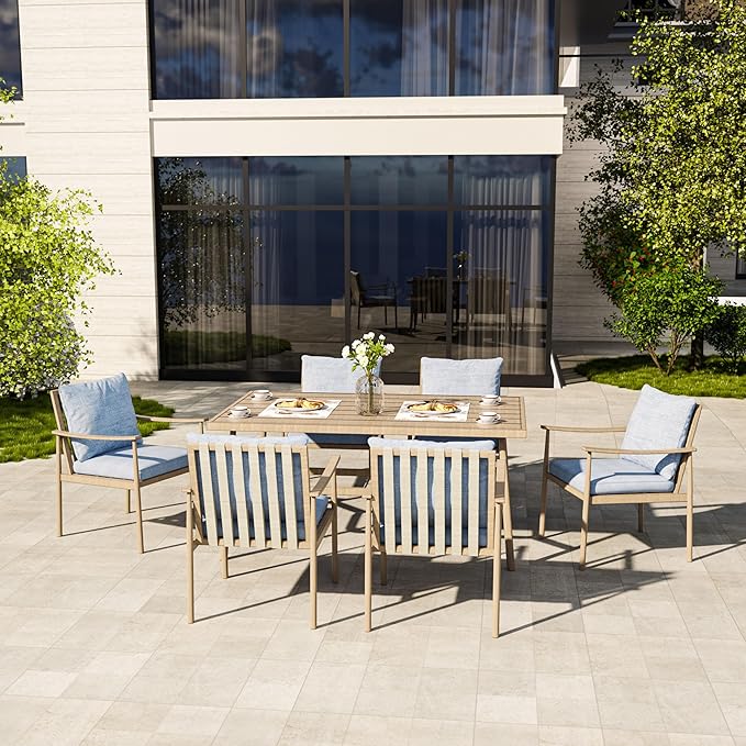 HAPPATIO 7-Piece Outdoor Dining Set for 6, Aluminum Patio Dining Set Includes 6 Dining Chairs and 1 Large Rectangular Table with Umbrella Hole, Patio Furniture Set for Lawn, Porch, Backyard, Brown