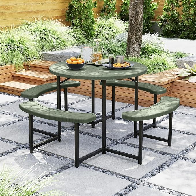 Giantex Picnic Table Bench Set for 4-8 Person, Round 37” Outdoor Dining Table w/Umbrella Hole, HDPE Tabletop, Metal Frame, Patio Furniture Set for Backyard Porch Lawn, 1400lb Capacity (Green,Round)