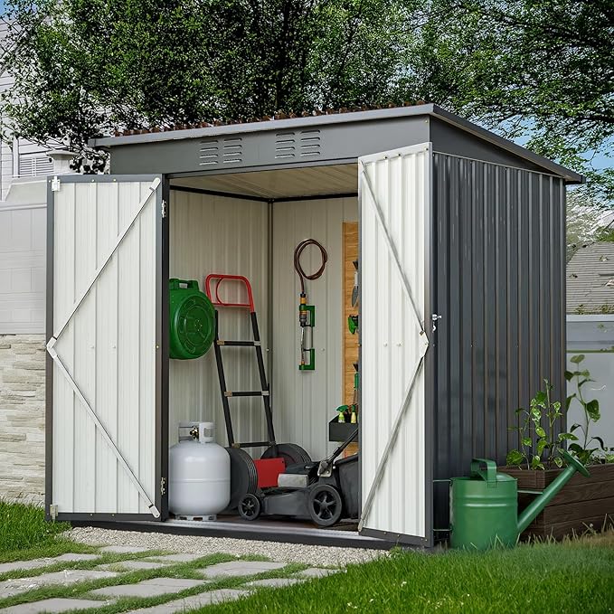 6x4 FT Metal Outdoor Storage Shed with Floor Frame and 2 Air Vents, Lean to Storage Shed, Garden Tool Storage Cabinet for Backyard Patio Lawn, Black