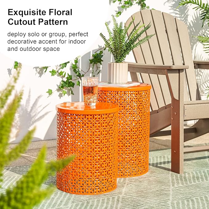 Glitzhome Outdoor Side Table Set of 2, Decorative Garden Stool for Indoor Outdoor Heavy Duty Metal Frame Accent Table Modern End Table, Glossy Orange