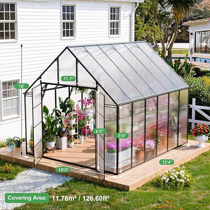 CDCASA 12x10x10 FT Greenhouse for Outdoors, Easy Assembly Large Aluminum Heavy Duty Polycarbonate Greenhouses Kit w/2 Window, Swing Door, Walk-in Green House for Outsides, Sunroom, Backyard, Garden