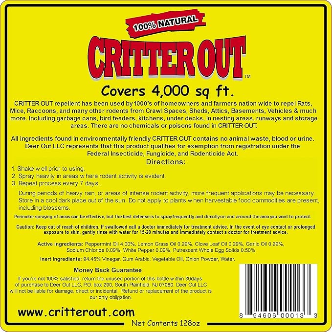 Mouse & Rat Repellent: Peppermint Oil Rodent Repellent, Mouse, Rat & Rodent Repellent. Get Rid of Rats Protect Engine Wiring, Prevent Nesting, Stops Chewing: Critter Out 1 Gallon Ready to Use