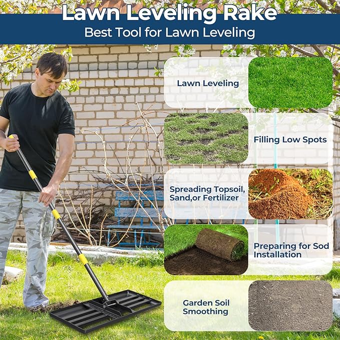 Extra Wide 30" Leveling Rake for Lawn Care - 60in Extendable Stainless Steel Handle with Ergonomic Grip | Professional Grass Leveling Tool for Golf Courses, Soccer Fields, Backyard Turf Maintenance