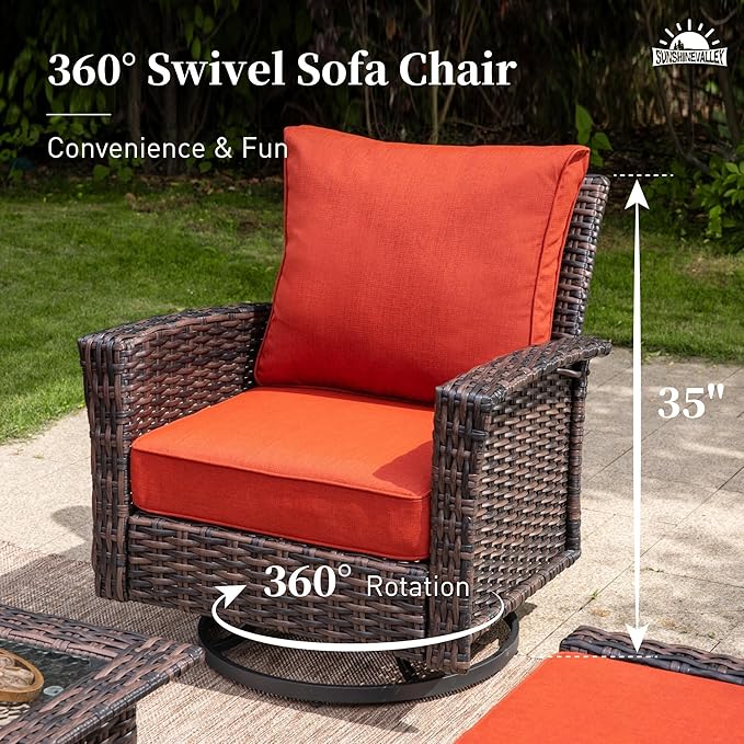 Patio Furniture Set with Swivel Chairs, High Back Wicker Rattan Furniture with Extra Thick Cushion and Coffee Table, Outdoor Conversation Set for Garden Backyard Deck,7 Seats Red
