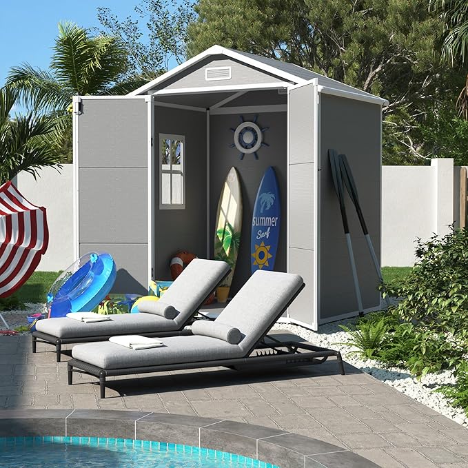 UDPATIO Outdoor Resin Storage Shed 6x4.5 FT, Plastic Garden Shed for Bike, Garbage Can, Tool, Outside Sheds with Lockable Door for Backyard, Patio, Lawn, Grey & White