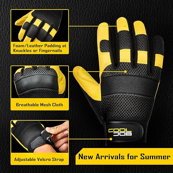 COOLJOB Breathable Mesh Cowhide Leather Work Gloves with Grip, Thorn Resistant Gloves for Gardening Pruning, 1 Pair, S-XL