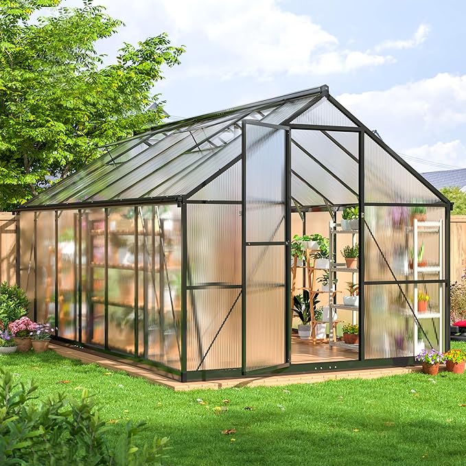 8x12 FT Greenhouse for Outdoors, Quick Setup Polycarbonate Greenhouse with Roof Vent, Aluminum Large Walk-in Green House for Outside Garden Backyard, Black